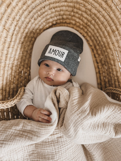 Bonnet BÉBÉ Gris chiné - Rectangle Blanc